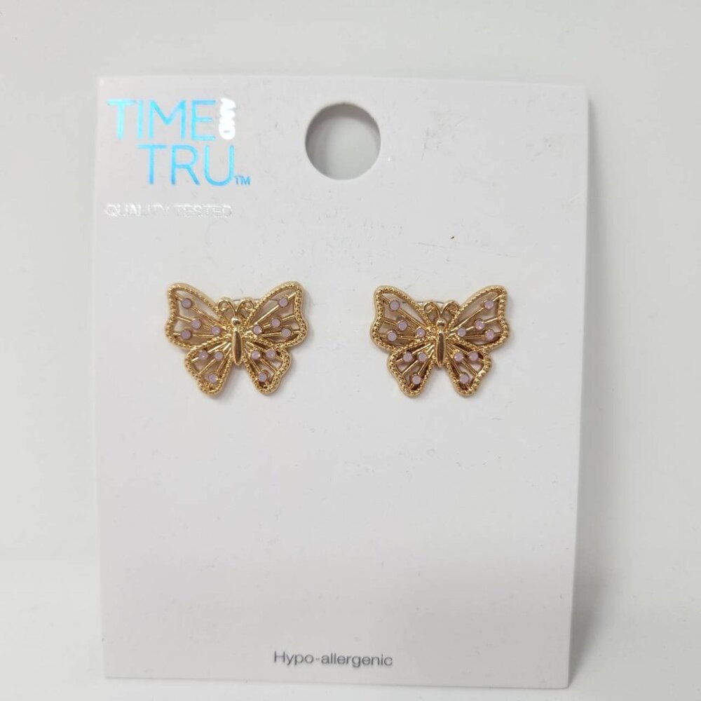 Time And Tru Butterfly Stud Earrings Gold-Tone & Pink Hypo-Allergenic